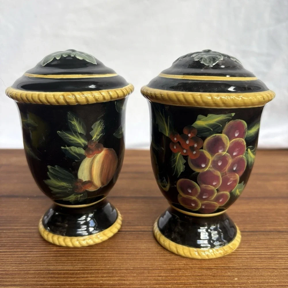 Raymond Waites Hand Painted Salt Pepper‎ Shakers Black Fruit Ceramic Set